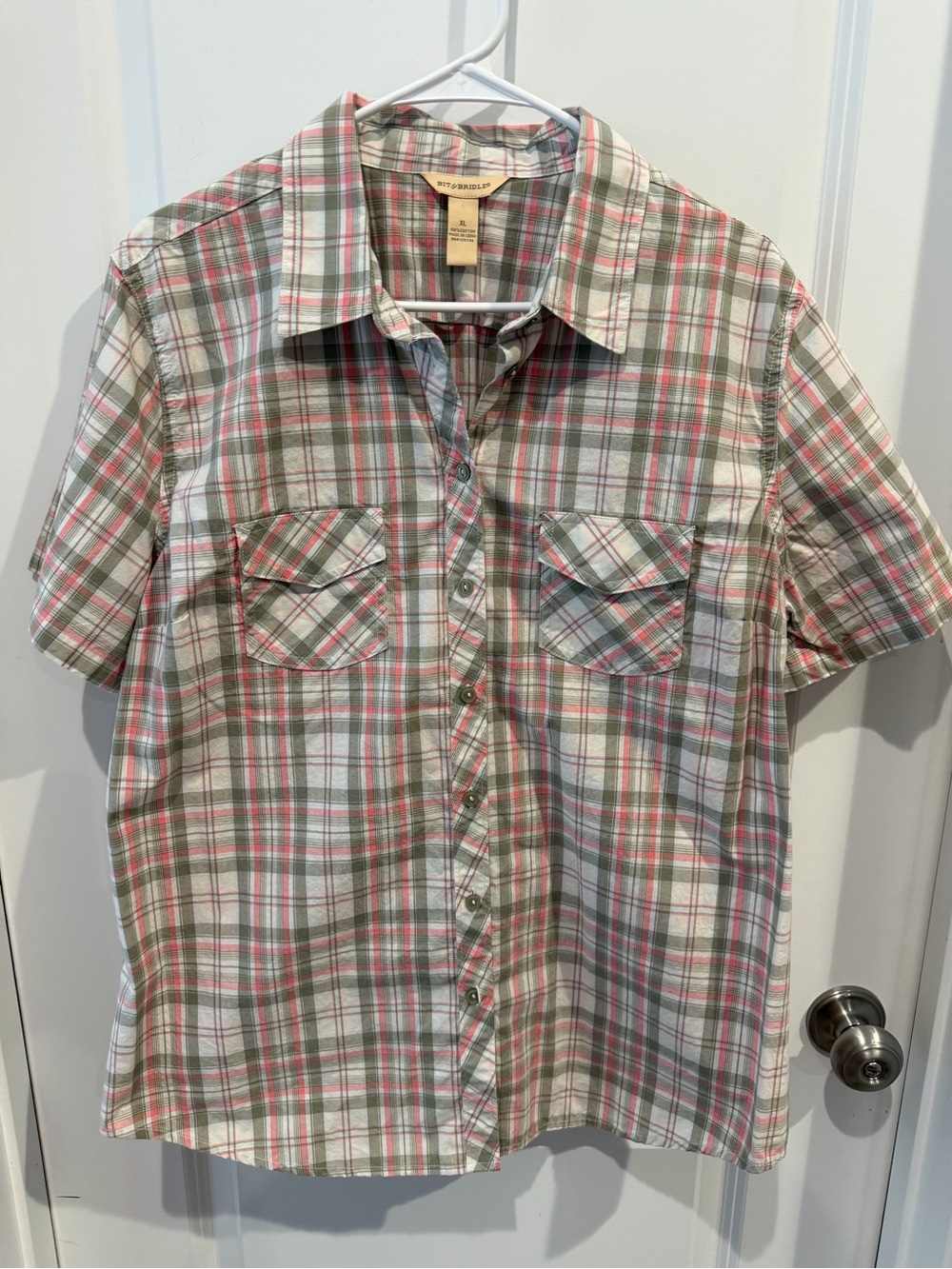 Bit & Bridle Short-Sleeve Plaid Button-Down in Green and Pink